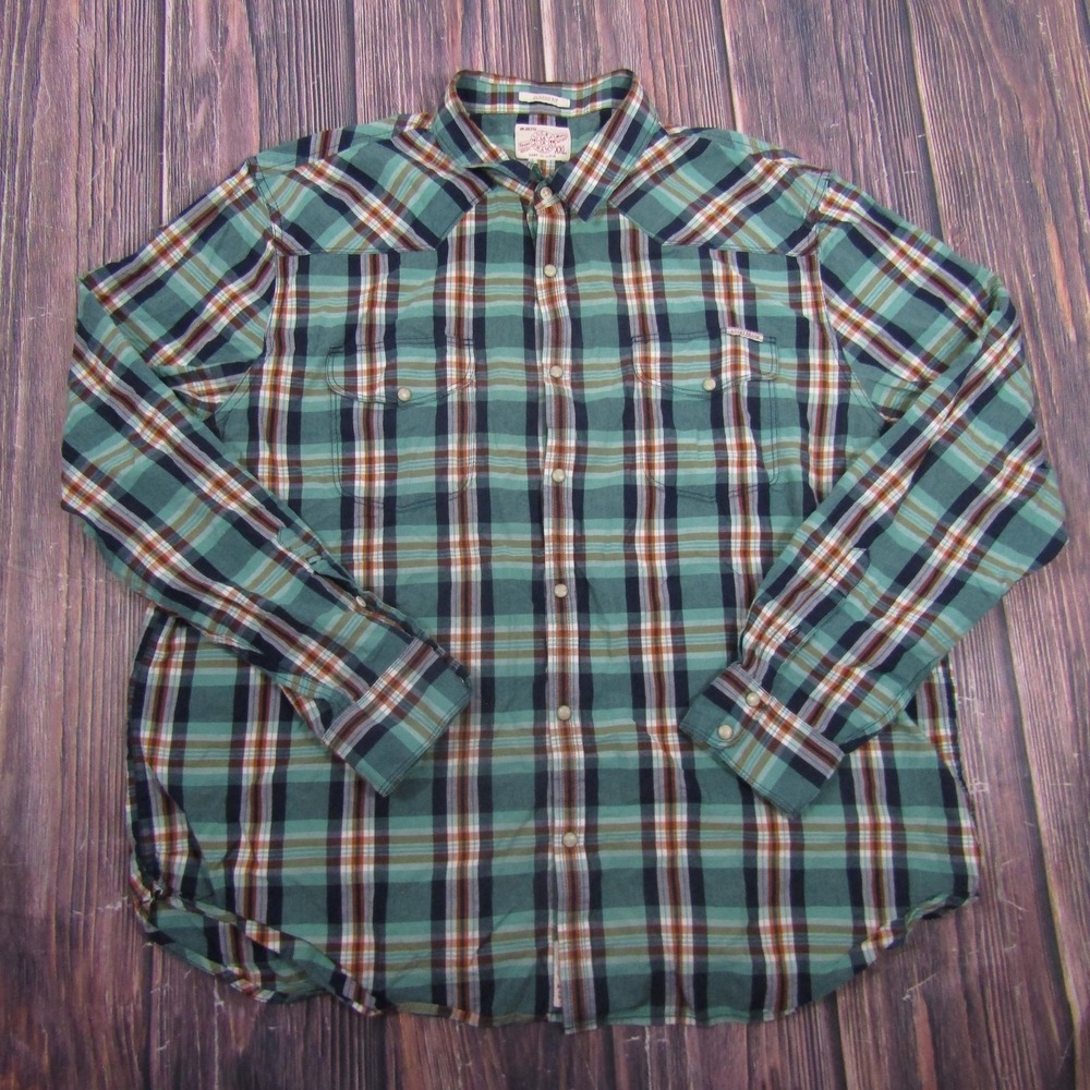 Lucky Brand Shirt Mens 2XL Green Plaid Long Sleeve Button Up Classic Pearl Snap‎